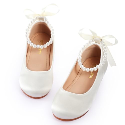Toddler Girls Dress Shoes Flower Girls Mary Jane Ballet Flats Decorative Pearls Lace-Up Ankle Strap Wedding Communion Princess Shoes