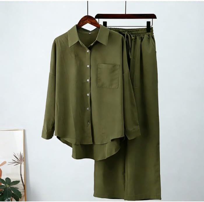 Women Casual Solid Color Two Piece Set Loose Fit Pants Outfit