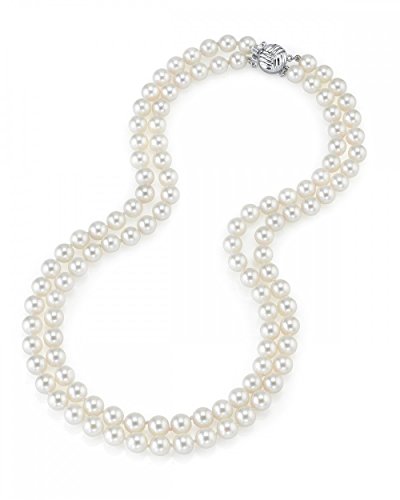 The Pearl Source White Freshwater Double Strand Pearl Necklace for Women - 7-8mm 16-17" Princess Length AAA Quality with 14K White Gold