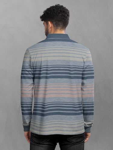Image of BULLMER Striped Textured Printed Polo Neck Fullsleeve T-Shirt with Rib for Men