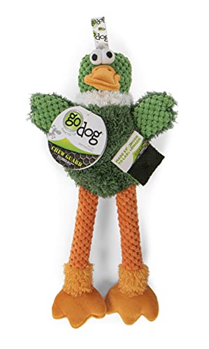 Image of goDog Checkers Skinny Duck Squeaky Plush Dog Toy, Chew Guard Technology - Green, Small