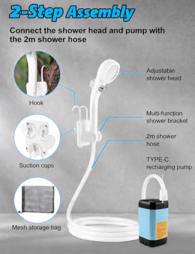Ducha portátil innhom para camping con bomba recargable de 6000mAh y pantalla LED, impermeable IPX7 con 2 modos de spray para uso exterior miniatura 6