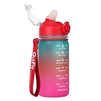 BuildLife School Water Bottle for Kids With Straw, Time Markings, 450ml Capacity - BPA Free, Leakproof, Dishwasher Safe Sports Bottle (Green Pink)