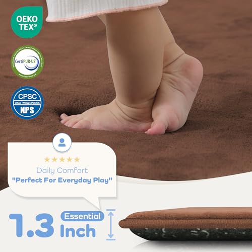 Image of 1.3 inch Thick Baby Floor Play Mat 50x50 Padded Foam Mat for Kids Brown | Memory Mat for Baby to Play on Floor Waterproof Easy Care with Non-Slip Tummy Time Play Mat for Nursery Playroom Classroom