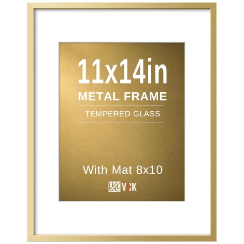 Image of VCK 11x14 Picture Frame Gold Metal, Real Glass, 8x10 Mat, for Print
