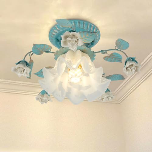 TCHAUSGZOZ Lámpara de techo semiempotrada vidrio blanco lechoso estilo francés - Elegante diseño cerámica verde for sala estar, pasillo y decoración rústica(Blue)