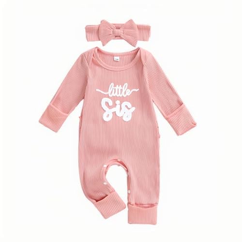 pengnight Newborn Baby Girl Clothes Little Sister Romper Long Sleeve Solid Color Bodysuit Jumpsuit + Headband Fall Outfits