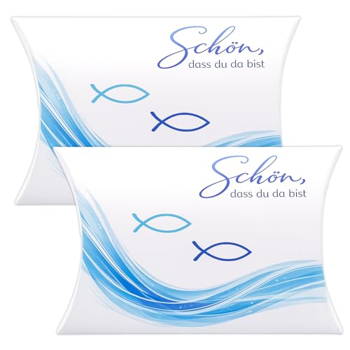 Gastgeschenke Kommunion 50 Stück Blaue Fisch Kissenschachteln Geschenkbox Schön dass du da bist Gastgeschenk Geschenkverpackung für Kommunion Konfirmation Taufe Firmung