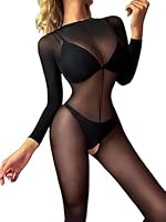 Mingnos Erotische Bodystockings für Damen Langarm Catsuit Ouvert Ganzkörper Strumpfhose Sexy Body Transparent Dessous, Schwarz