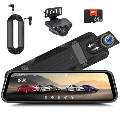 Rear View Mirror Camera, Mirror Dash Cam for Car 1080P Front & Rear Mirror Cameras 9.66 Inch HD IPS Full Touch Screen 64G Card Night Vision Motion Detection Loop Recording 24H Parking Monitor G-Sensor
