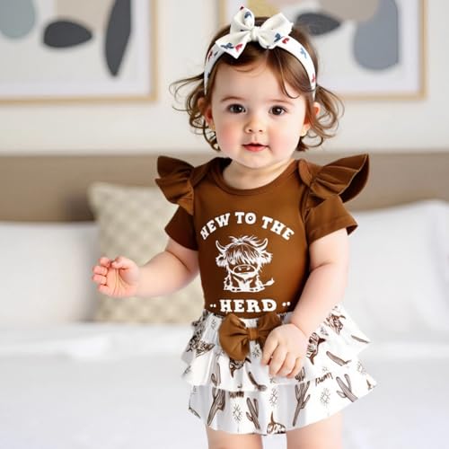 Chloefairy Newborn Baby Girl Western Clothes New to the Herd Romper Cow Print Shorts Set Summer Coming Home Cowgirl Outfit3