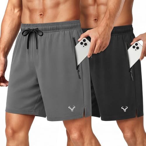 BULLIANT Men Stretch Athletic Running Gym Shorts 2Pack-Zipper Pocket