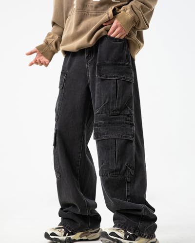 Mens Multi-Pockets Cargo Denim Pants Y2K Hip Hop Jeans Casual Wide Vintage Leg Jeans for Men2