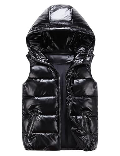 FindThy Women’s Shiny Puffer Down Vest Quilted Zip Up Hat Collar Pocketed Sleeveless Jacket
