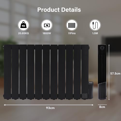 1800W Electric Oil Filled Radiators Wall Mounted Electric Heater 11 Fins Energy Efficient Electric Radiators with 7 Days/24H Timer and Thermostat,LED Display & Safe Lock for Home Use,Black