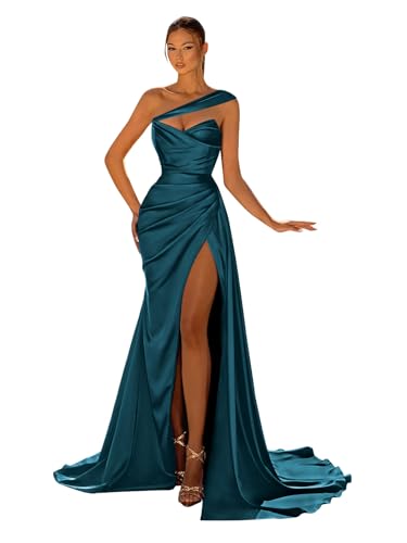 GUKARLEED Women's One Shoulder Prom Dresses Slit Ruched Satin Formal Dress for Wedding Guest Evening Dress Long Ball Gowns
