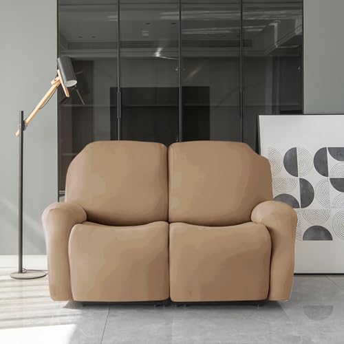 Image of HOKIPO 'SereneSolids' 140 GSM 6-Pieces Super Stretch Recliner Sofa Cover 2 Seater Fully Covered Washable Furniture Protector, Dark Camel (AR-4741-DCML)