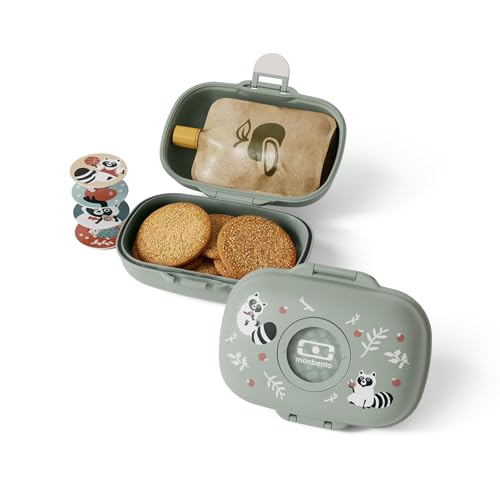 monbento - Boîte à Goûter Enfant MB Gram Raccoon - Snack Box pour Fille et Garçon - Idéal Pour Ecole ou Parc - Sans BPA - Durable et Sûre - Motif Raton Laveur - Vert