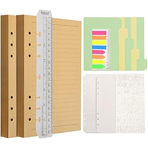 Wonderpool Refills Loose Leaf Kraft Paper Inserts Set for 6 Ring Binder Journal Notebook, 320 Pages Lined/Unlined Paper Diaries, with Pouch, Stencils, Dividers, Bookmark (A5) Cover
