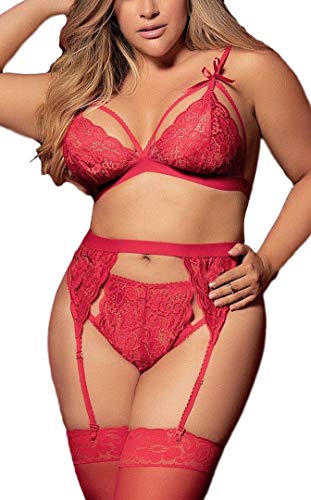 Women Plus Size Lingerie Set with Garter Belt 3 Piece Sexy Strap Bra and Panty Lace Bodysuit Babydoll(Red, 3XL, 688a)