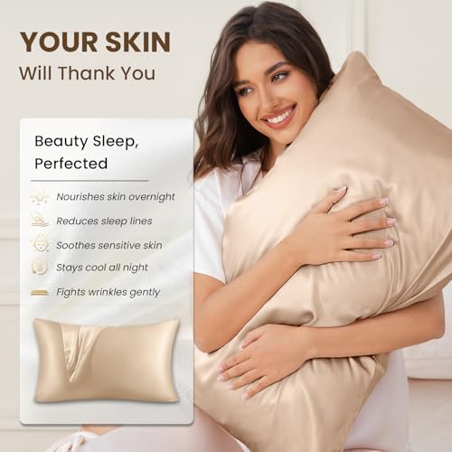 Image of THXSILK 100% Mulberry Silk Pillowcase for Hair and Skin, 25 Momme Mulberry Silk Pillow Case, Natural Mulberry Silk Pillow Case Cover with Zipper, 1pc (California King Size 20 inchx40 inch, Beige)