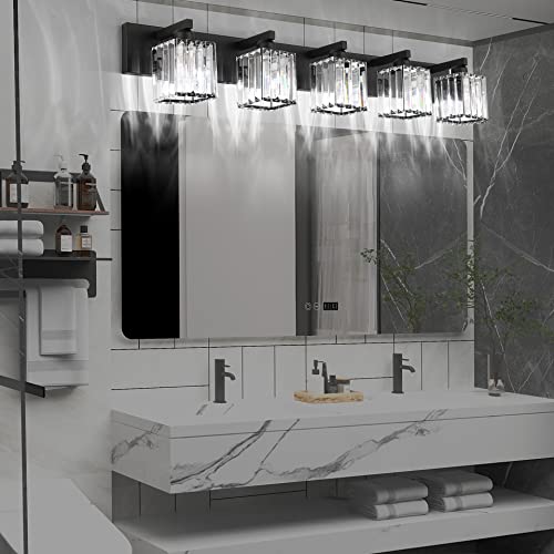 Image of Aipsun Bathroom Vanity Light Black Light Fixtures 5 Light Crystal Vanity Light Modern Bathroom Lighting (Exclude Bulb)