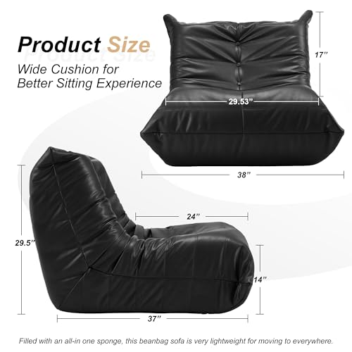 Hobestluk Giant Bean Bag Chair Lazy Floor Sofa, Memory Foam Fireside Sofa for Adults, Big Beanbag Faux Leather Armless Chair for Living Room Bedroom Dorm Office (Black, Single)