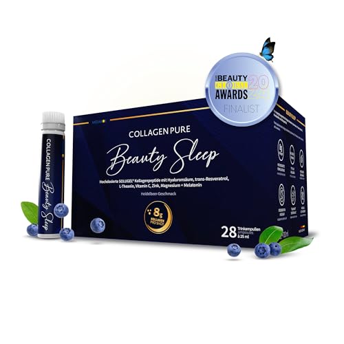 Collagen 8000mg + Melatonin - Hochdosiert Kollagen Trinkampullen - Magnesium Vitamin C Zink Hyaluronsäure L Theanin Resveratrol - 28 Trinkampullen 1 Monat Vorrat - Blaubeergeschmack - MEDIAKOS