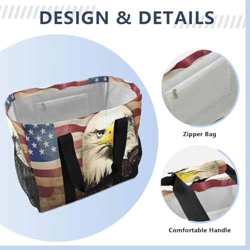 Nander American Flag and Eagle Foldable Tote Bag Waterproof Sandproof Women Beach Bag Handbag Gym Bag Travel Shopping Bag3