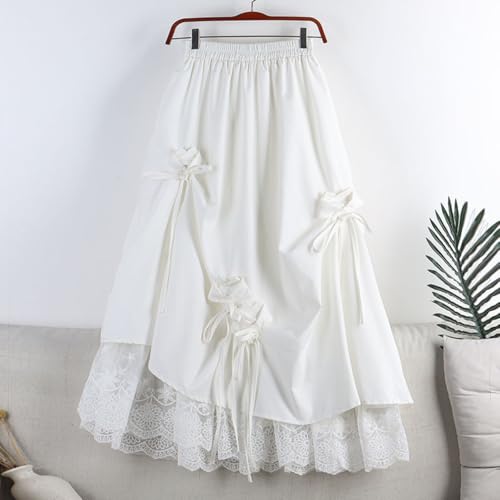 Womens Elegant Lace Patchwork A-Line Long Skirts Bow Decor Elastic Waist Asymmetrical Casual Skirt Plus Size2