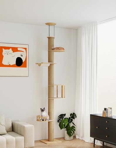 COZIWOW Floor-to-Ceiling Cat Tree, Adjustable (89-112 inches), Sturdy 5-Tier Tower for Large Cats. Features 5.5