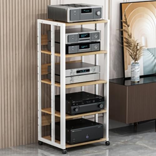 Gabinete de audio de 5 niveles con estantes ajustables, reproductor de discos movible, DVD, CD, audio, torre para hogar, oficina, teatro, entretenimiento, equipo estéreo, estante de consola (blanco)