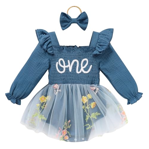 Image of TITKKOP Baby Girl 1st Birthday Clothes One Year Old Tulle Romper Long Sleeve Bodysuit Cake Smash Outfits