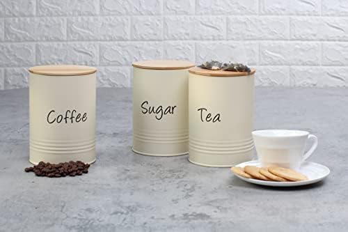 EHC Kitchen Storage Containers for Tea, Coffee, Sugar With Bamboo Lid, Set of 3 Jars, Food Storage Tin With Lid, Airtight Canisters Set, Cream