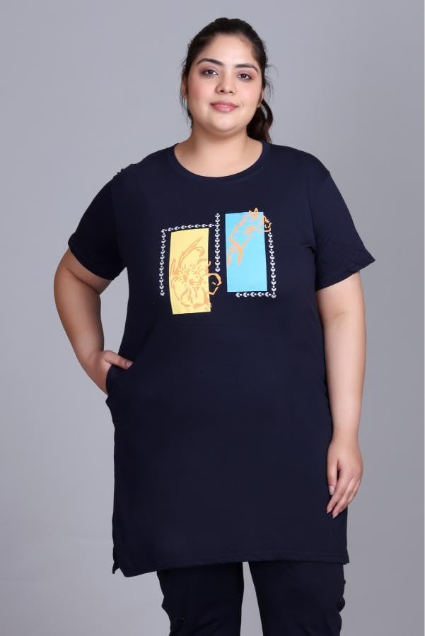Image of RYSH Women's Printed Cotton Plus Size Longline T-Shirt with Pockets | Cotton fabric - soft longline T-shirt with easy plus-size fit
