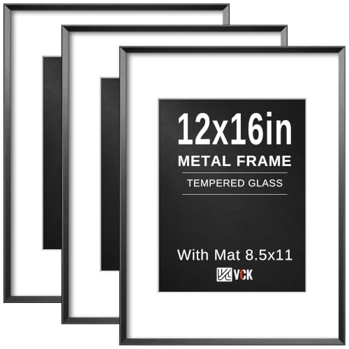 Image of VCK 12x16 Black Aluminum Picture Frame 3 Pack, Metal Frame with Clear Glass, Fits 8.5x11 with Mat and 12x16 Without Mat Wall Display