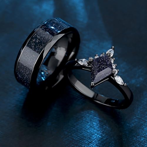 Custom Black Matching Rings - Couples' Blue Sandstone, Kite Cut with Personalized Engraving2