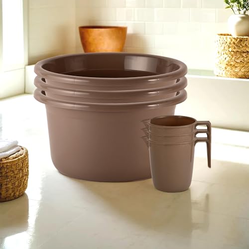 Image of Kuber Industries Set of 6 Bathroom Combo Set | Bathing Set | Bathware Set | 3 Piece Tub & 3 Piece Mug Combo Set for Bathroom | Modern Bathroom Accessories Set | Brown