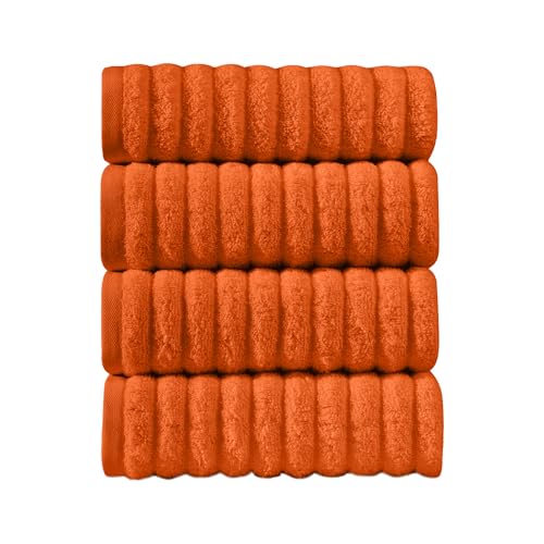 Image of Elegant Comfort Luxury 100% Turkish Cotton Corduroy Ribbed 4 Pack Hand Towel Set 16 x 28 Inch - Absorbent, Super Soft, Quick Dry, Premium Towels for Bathroom, Gym, Spa and Hotel Use, Orange