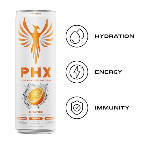 Image of PHX Hydration Energy Drink - 700mg Electrolytes, 200mg Natural Green Tea Caffeine, 100% Daily Value 8 Essential Vitamins - 12 oz Cans (12 Pack, Orange)