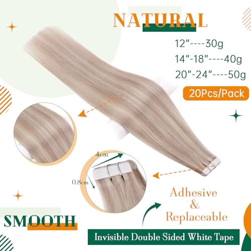 Easyouth Blonde Tape in Hair Extensions - Ash Blonde Highlight, Human Hair, 12 Inch, 30g, 20pcs, 2-Tape #18P613, 12" - Image 3