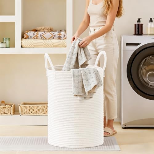 Image of 100L Extra Large Tall Cotton Rope Laundry Basket with Handle, White