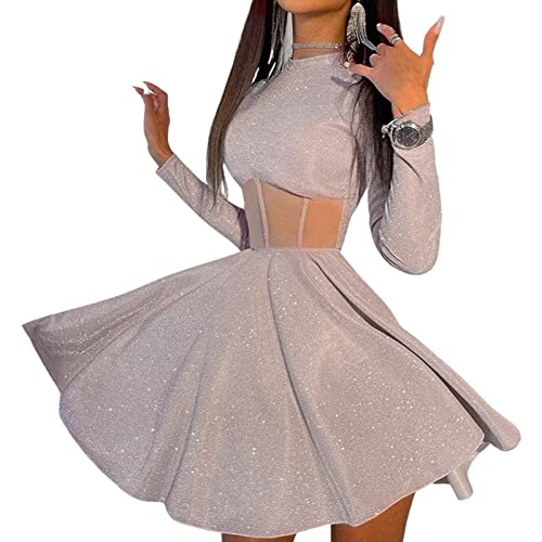 Vestido Sexy Transparente para Mujer Vestido Ajustado Mini Vestido de Malla Vestido Corto Monocolor con Manga Larga Cuello Alto para Club Bar Fiesta Noche (Rosa Brillante, S) Cover