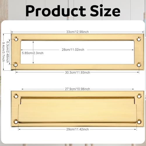 Otoolling 1 Pack Solid Brushed Mail Slot with Solid Interior Frame Set 13" x 3.7" Door Mail Slot Catcher Mailbox Door Replacement for Wall(Gold,Brass)