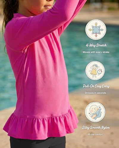 Image of Made in USA Big Girls' Solid Rashguard Swimming Tee for The Beach or Pool Peplum Sun Protection SPF50+ Swim Tee for The Beach or Pool, Hot Pink, 16