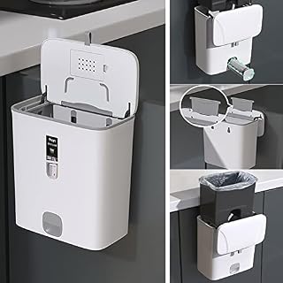 Hanging Trash Can with Lid for Kitchen Cabinet Door, 10L Small Kitchen Compost Bin, Wall Mounted Counter Wastebasket Trash Bin for Cupboard/Bedroom/Office/Camping