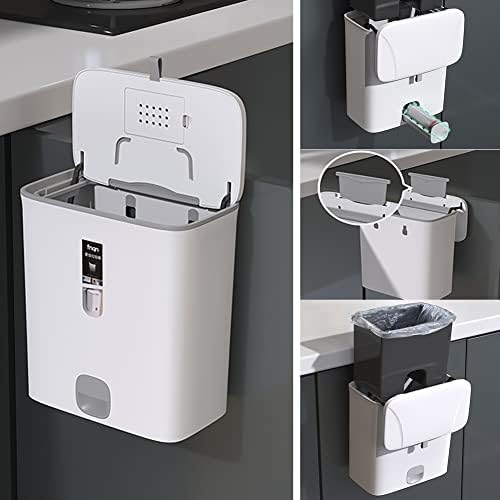 Hanging Trash Can with Lid for Kitchen Cabinet Door, 10L Small Kitchen Compost Bin, Wall Mounted Counter Wastebasket Trash Bin for Cupboard/Bedroom/Office/Camping