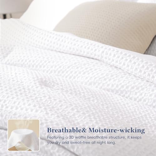 Image of David's Home Waffle Weave Comforter Set 3PCS King Size, Soft Breathable Lightweight Cozy Skin-Friendly Warm for All Season, Elegant Aesthetic Home Decor Bedding Set with Pillow Shams, White
