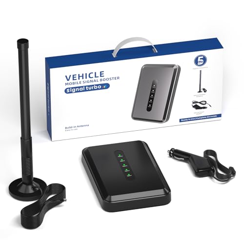 Cell Phone Signal Booster for Car Truck and RV, 5G Ready 4G LTE Verzion AT&T T-Mobile Compatible, Integrated Indoor Antenna 50dB Max Gain, Fiberglass Omni-Antenna for Remote Areas