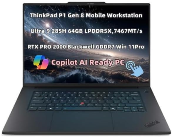 Image of New ThinkPad P1 Gen 8 Mobile Workstation AI Laptop 16 inch 3.2K (3200 x 2000) OLED TouchScreen Ultra 9 285H 64GB RAM 4TB SSD RTX PRO 2000 Blackwell GDDR7 Graphic RGB+IR Cam Backlit Fingerprint Win 11 Pro